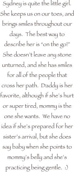 Sydney is quite the little girl.  She keeps us on our toes, and brings smiles throughout our days.  The best way to describe her is “on the go!”  She doesn’t leave any stone unturned, and she has smiles for all of the people that cross her path.  Daddy is her favorite, although if she’s hurt or super tired, mommy is the one she wants.  We have no idea if she’s prepared for her sister’s arrival, but she does say baby when she points to mommy’s belly and she’s practicing being gentle.  :)